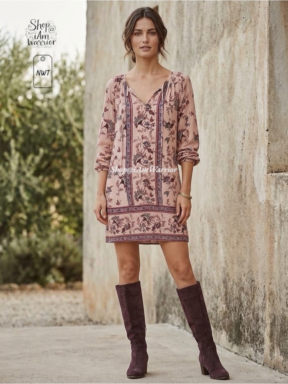 Lucky Brand Boho Floral Bird Border Print Tunic Tie Neck Dress